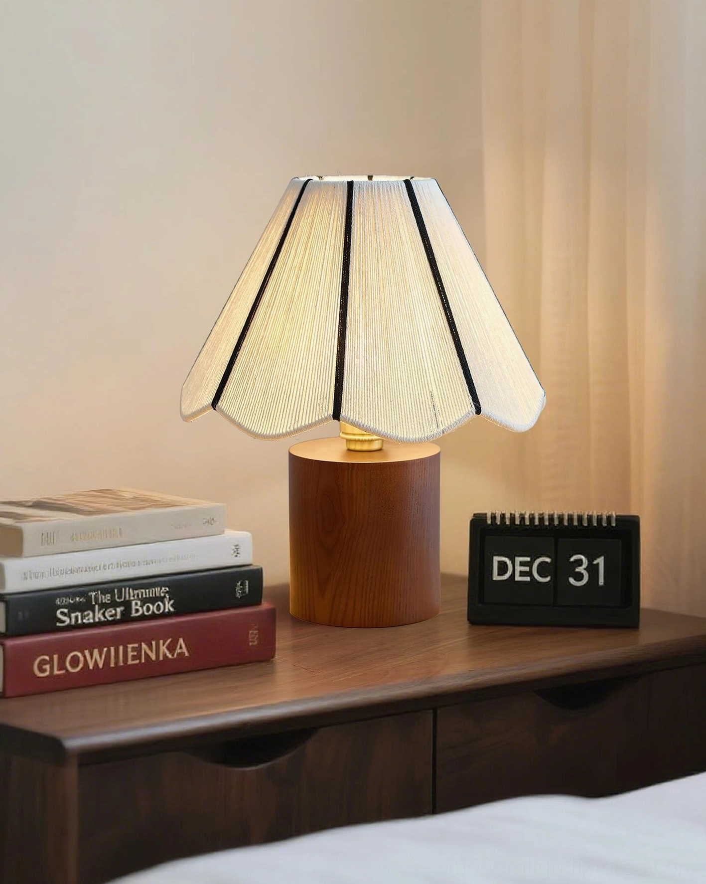 Noraya wooden lamp bedroom dresser with books and calendar decor