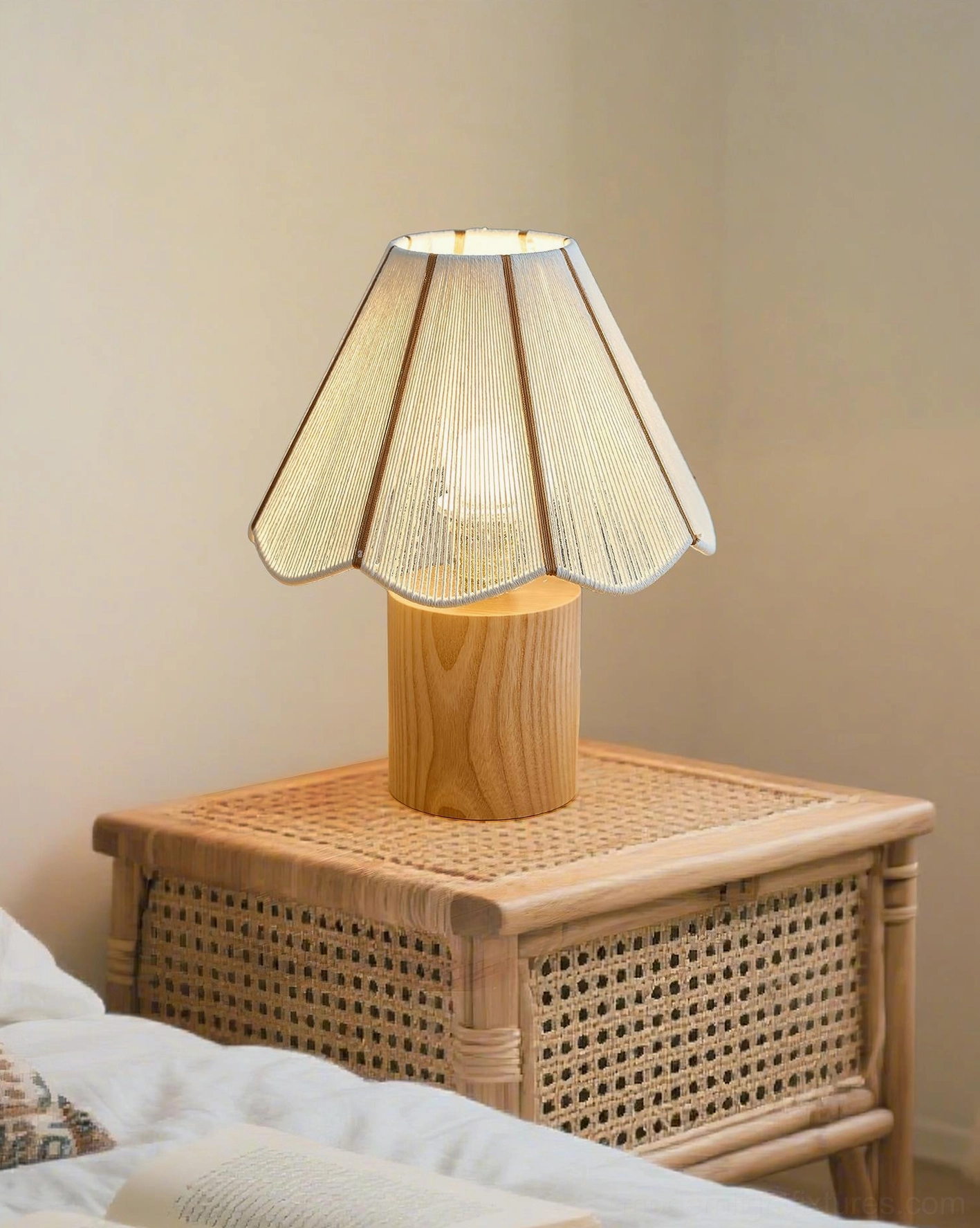 Noraya wooden table lamp bedside rattan cabinet natural wood finish