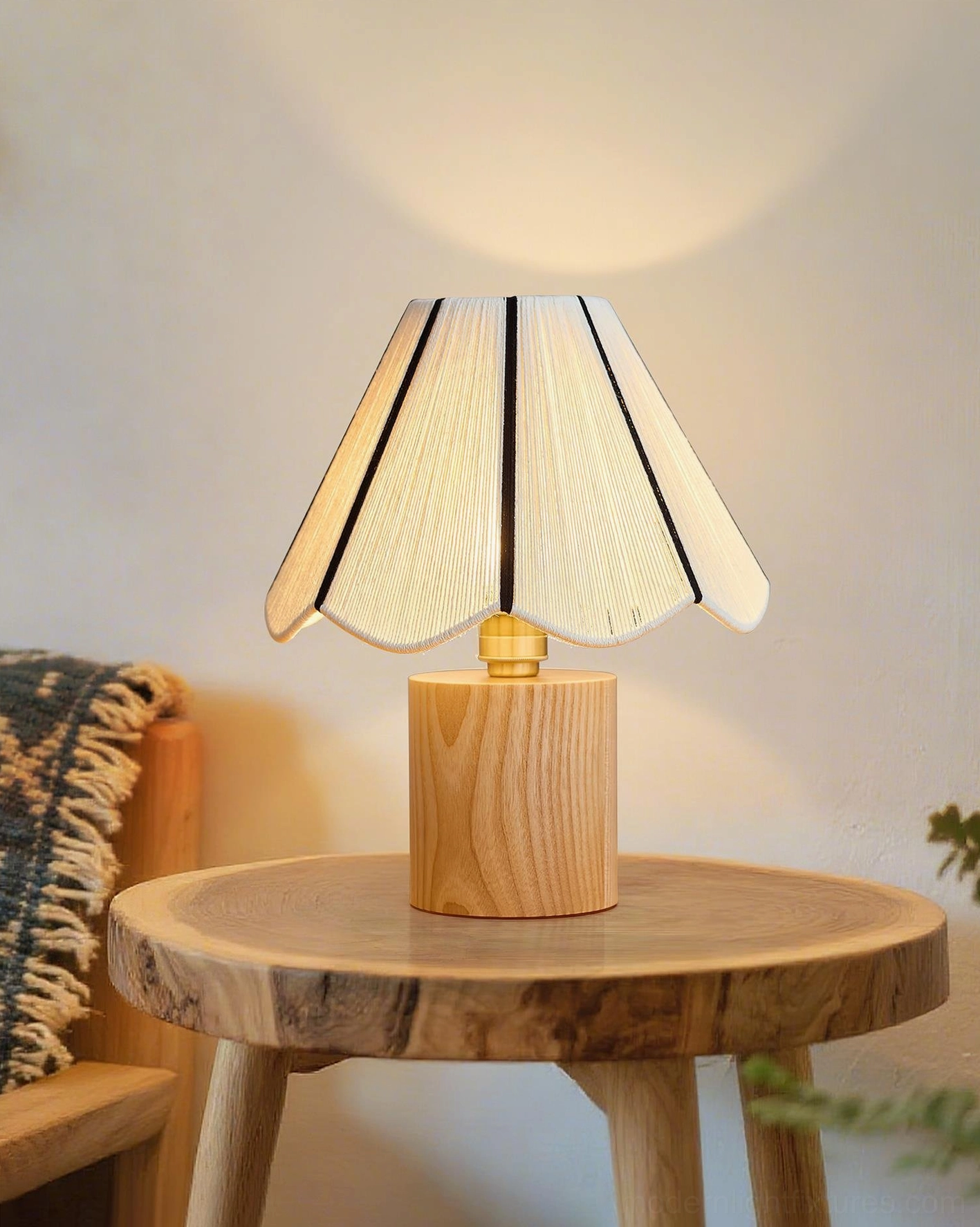 Noraya pleated fabric table lamp with striped trim side table