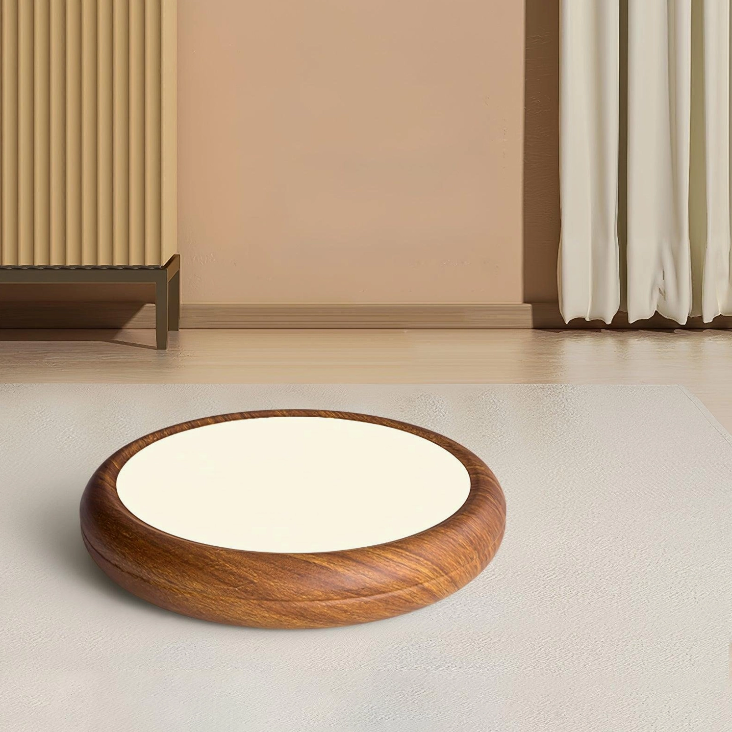 Nordic acrylic diffuser detail of walnut wood grain ceiling light, showing even light distribution technology