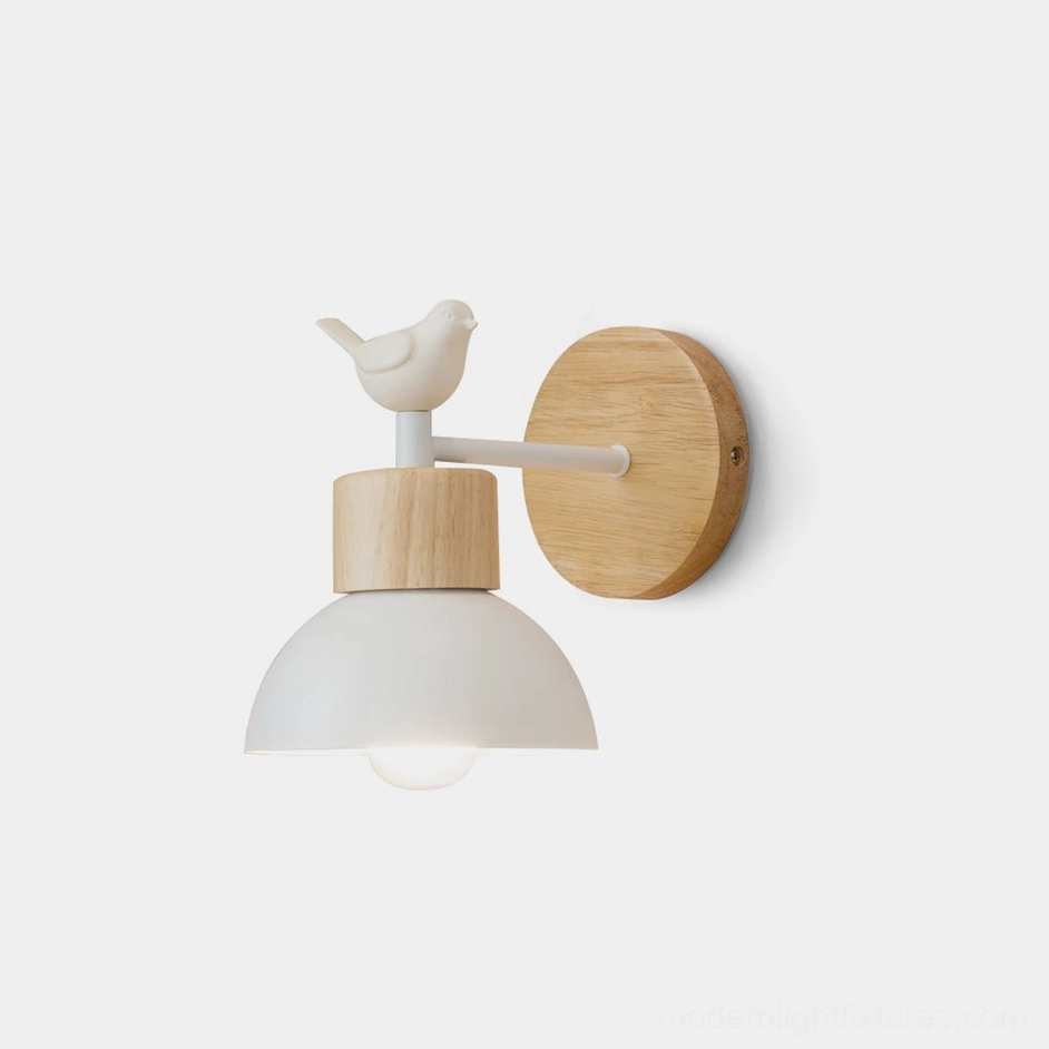 Nordic bird wall sconce front view - minimalist wooden wall light with white metal shade and decorative resin bird