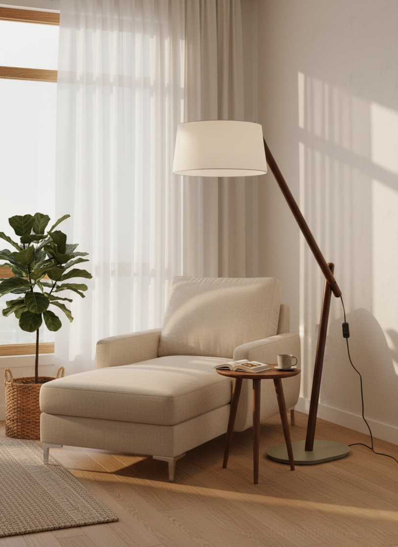 Oversized fabric shade cantilever floor lamp creating soft ambient lighting in Nordic cozy leisure lounge