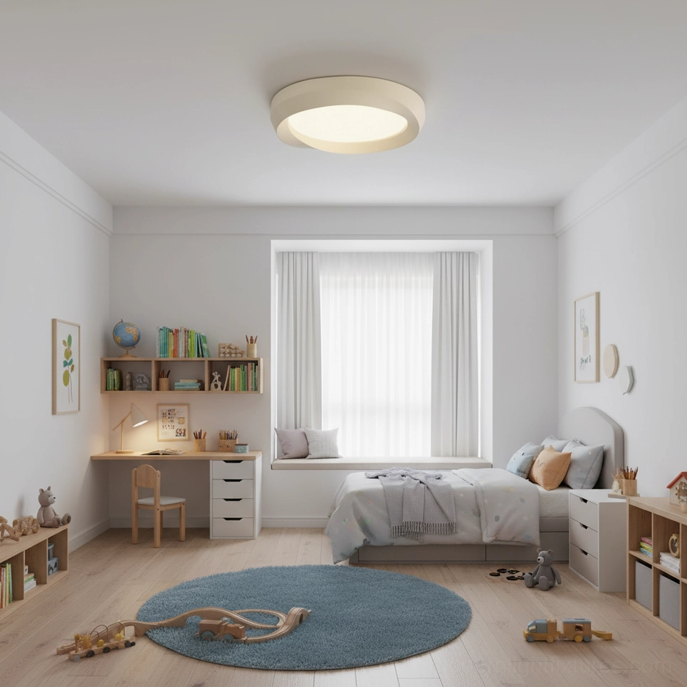 Cream round flush mount ceiling light mounted in minimalist bedroom and home office space