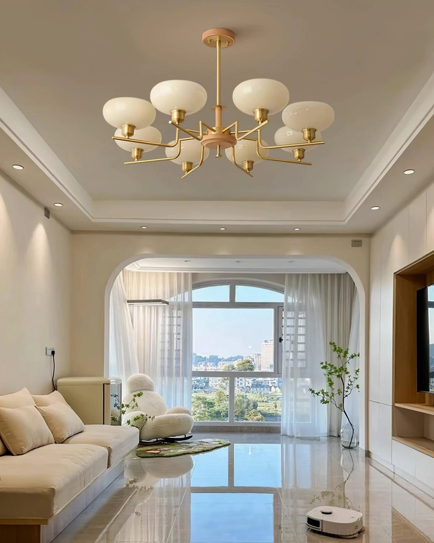 Nordic inspired 5-head glass pendant chandelier installed above dining table contemporary interior lighting solution