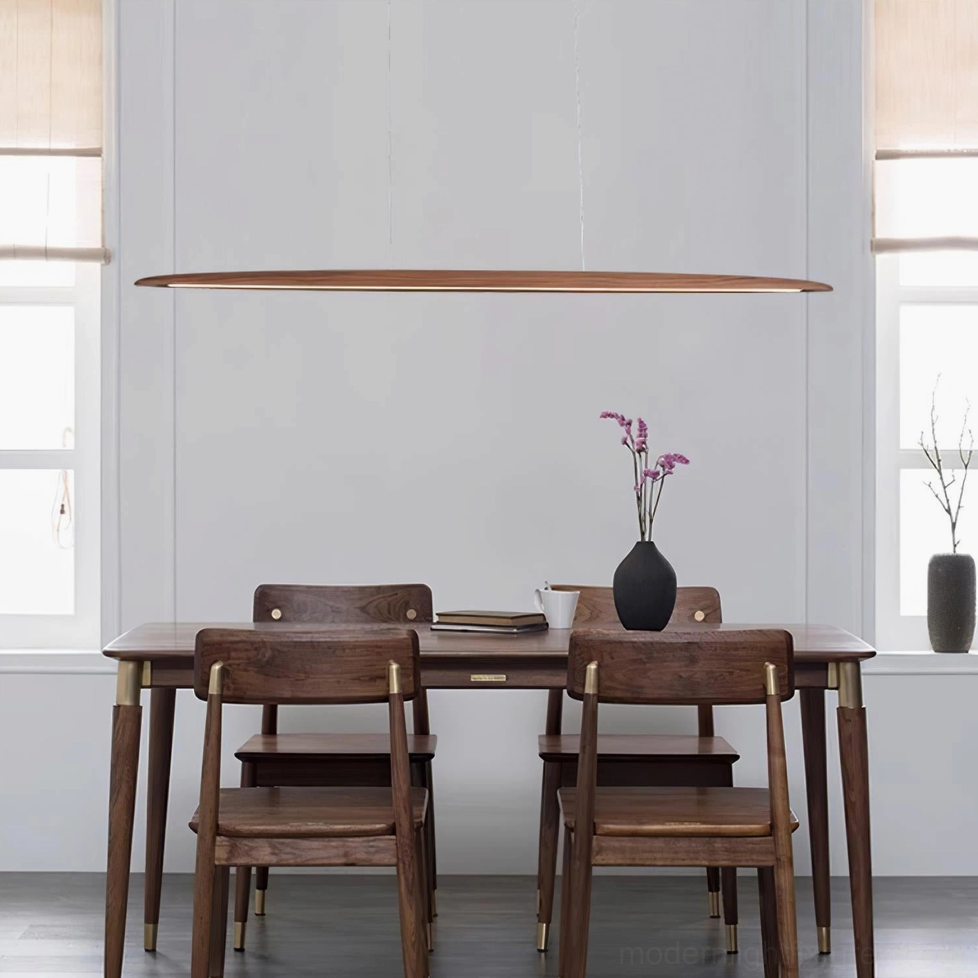 Nordic dining room with modern linear LED chandelier over wooden table and chairs - minimalist interior design