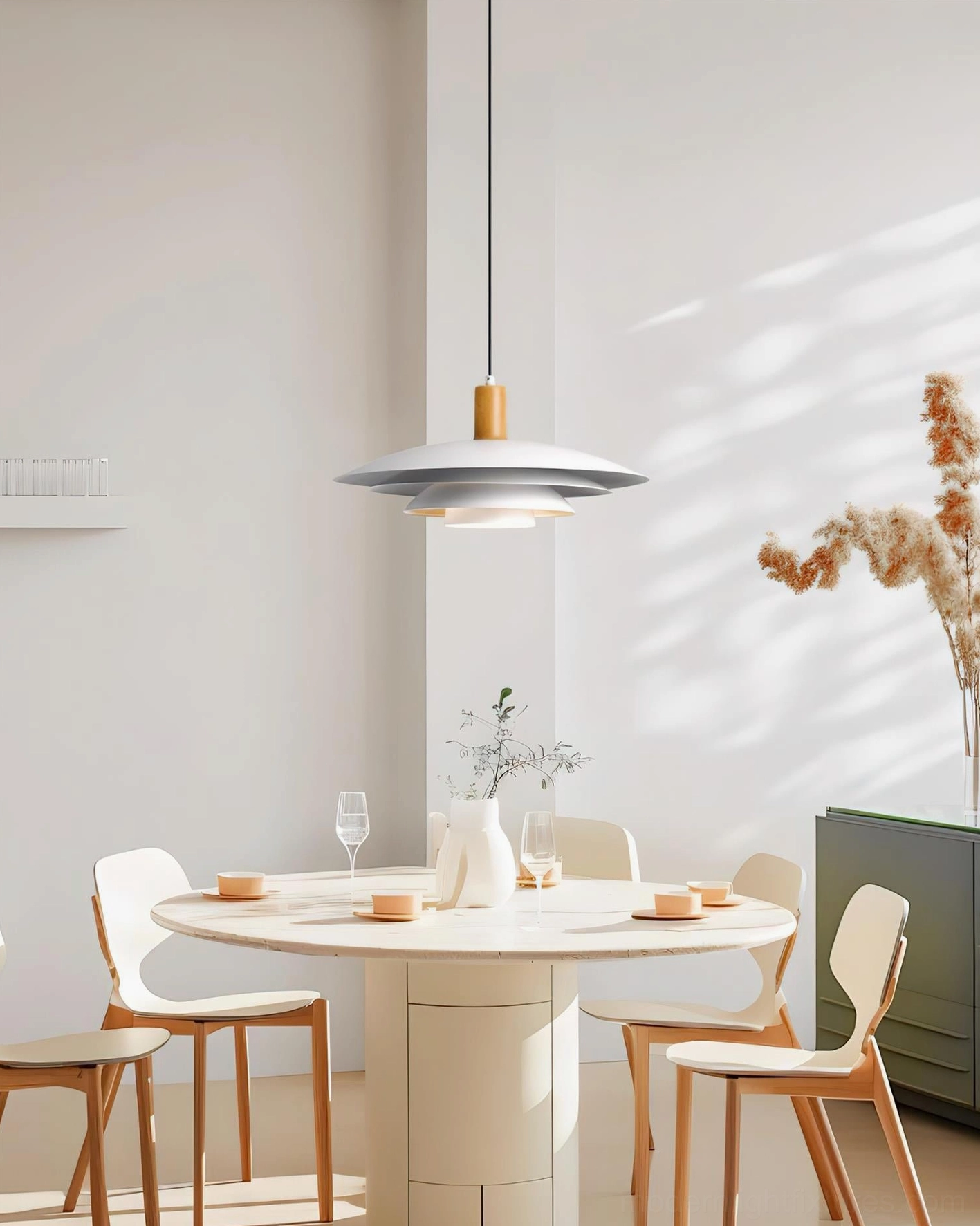 Modern pendant light installed above round dining table in minimalist Nordic dining room setting with wood chairs