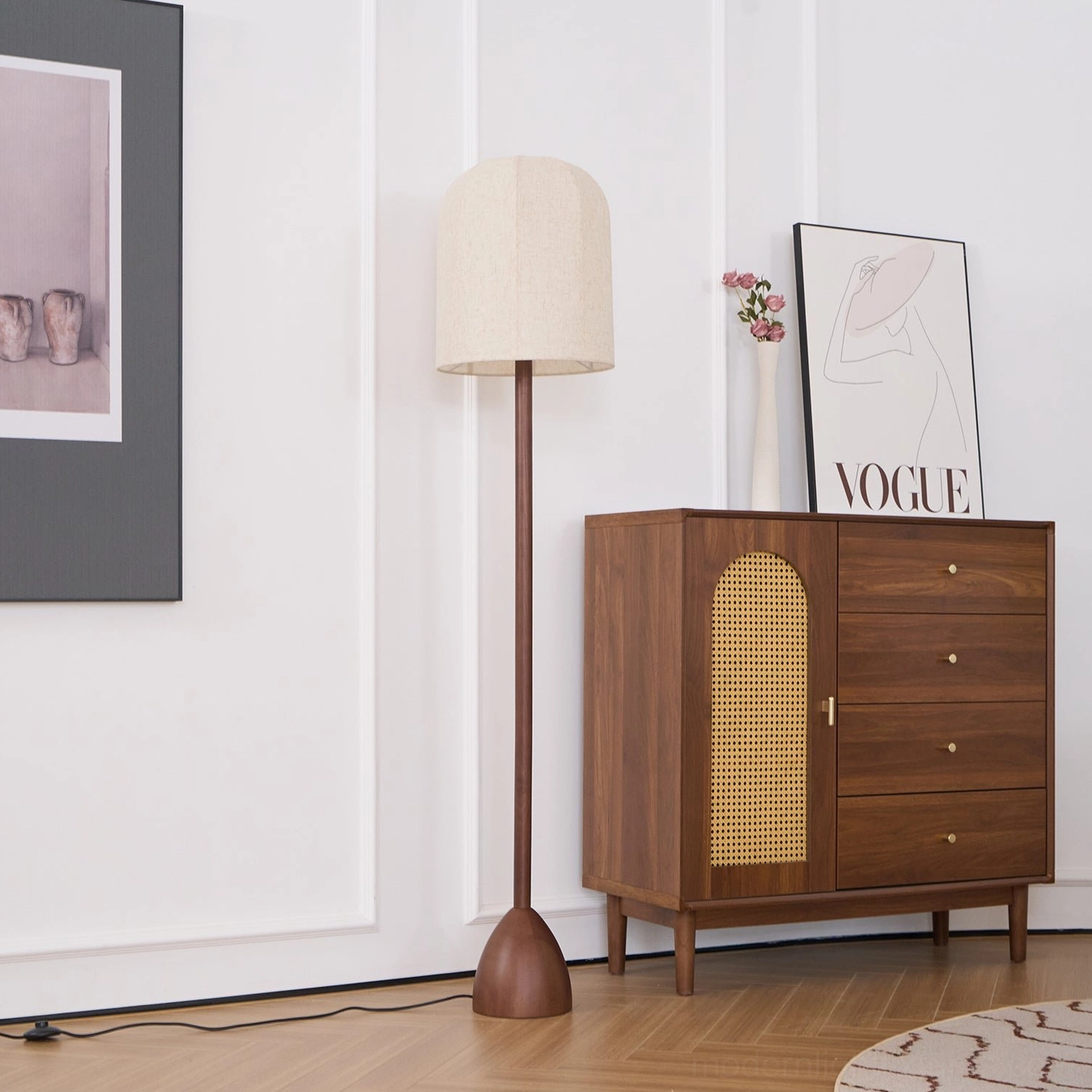 Unlit Nordic floor lamp three-quarter view - slim wood pole with dome linen shade in contemporary room