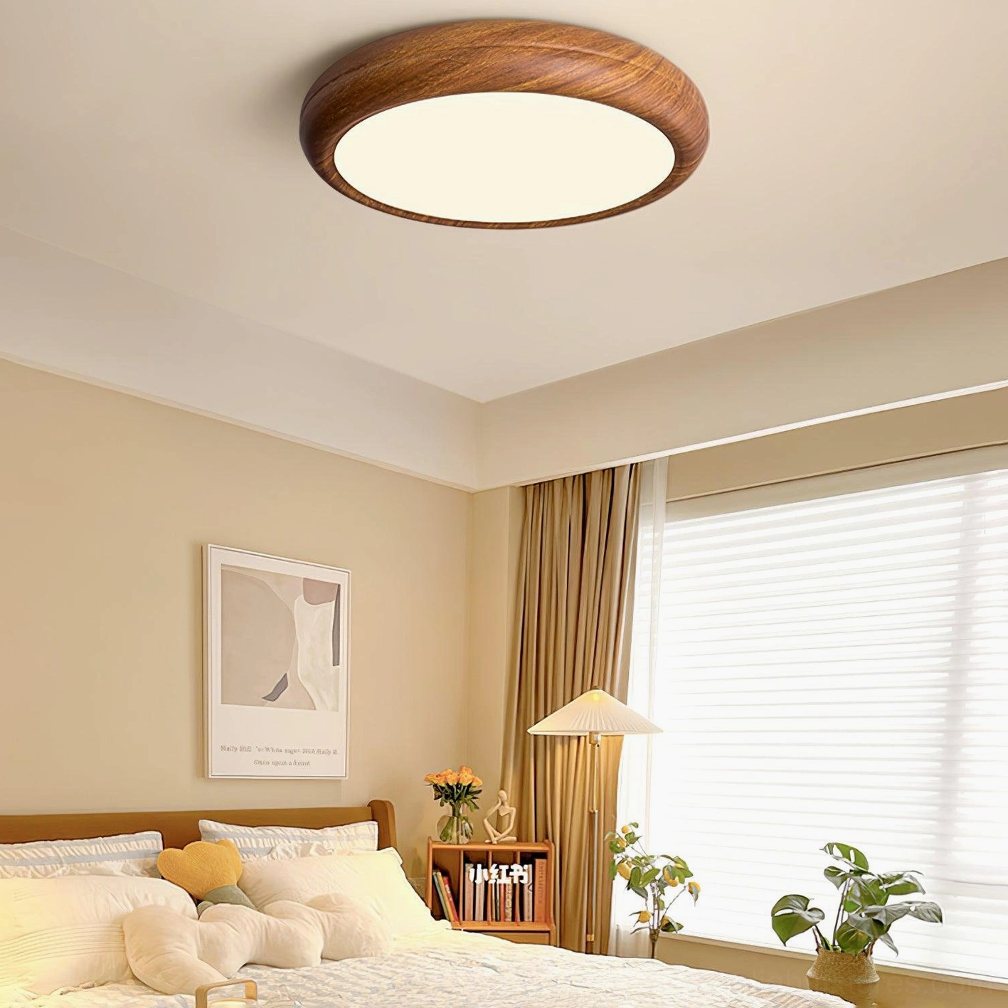Walnut wood grain ceiling light fixture with Nordic frosted acrylic diffuser, premium light quality