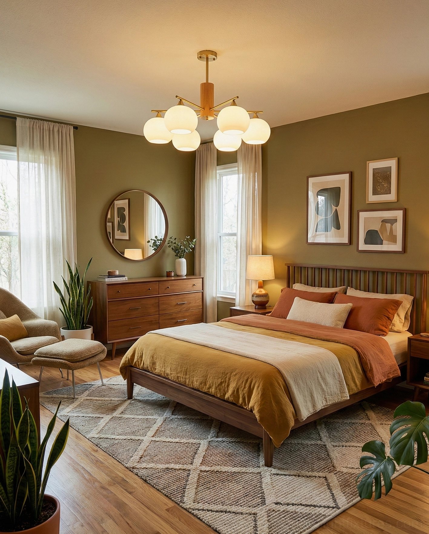 Nordic multi-head glass chandelier brass frame with opal white shades interior installation view