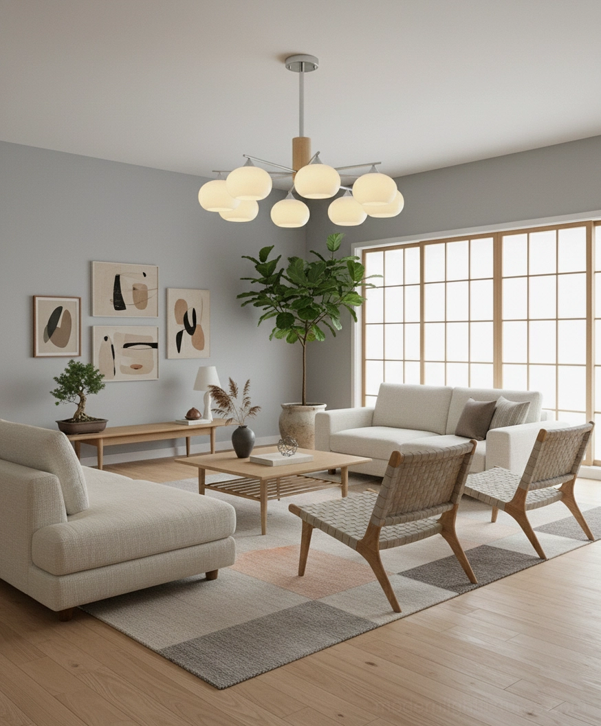 Nordic style glass pendant chandelier metal frame with diffused light glowing interior view