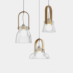 Modern glass pendant light with wooden handle in Nordic minimalist style, front studio view