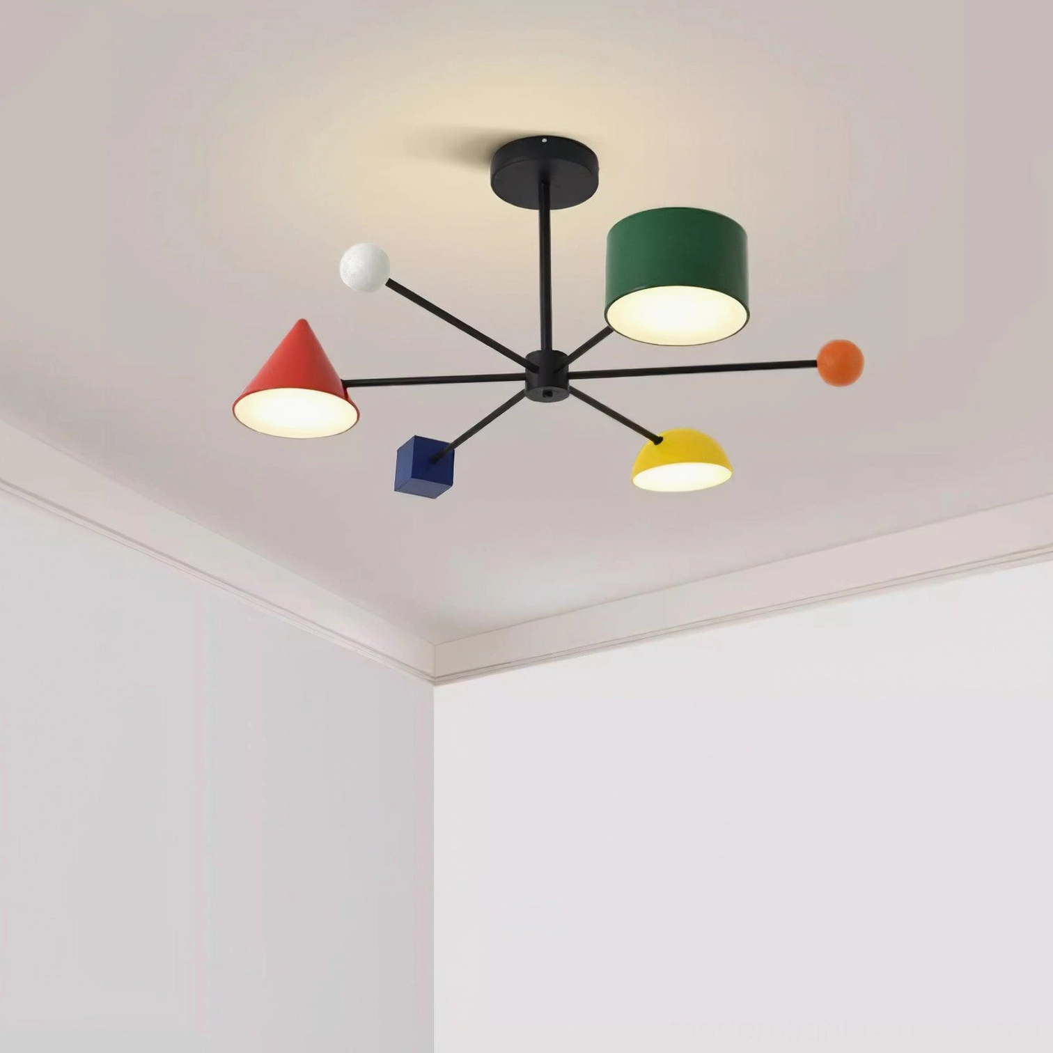 Contemporary colorful sputnik ceiling light in Nordic minimalist interior with artistic design elements