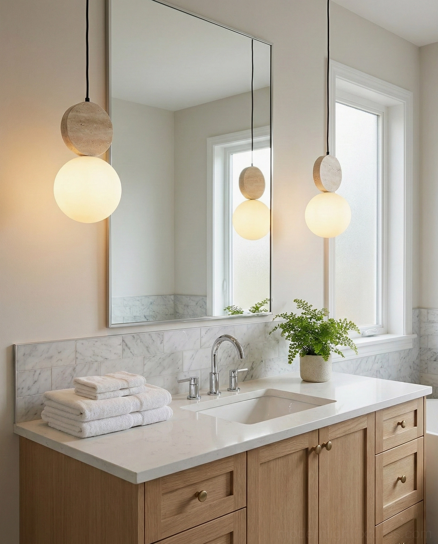Cenari sculptural pendant lights in Scandinavian minimalist interior with natural wood and travertine aesthetic