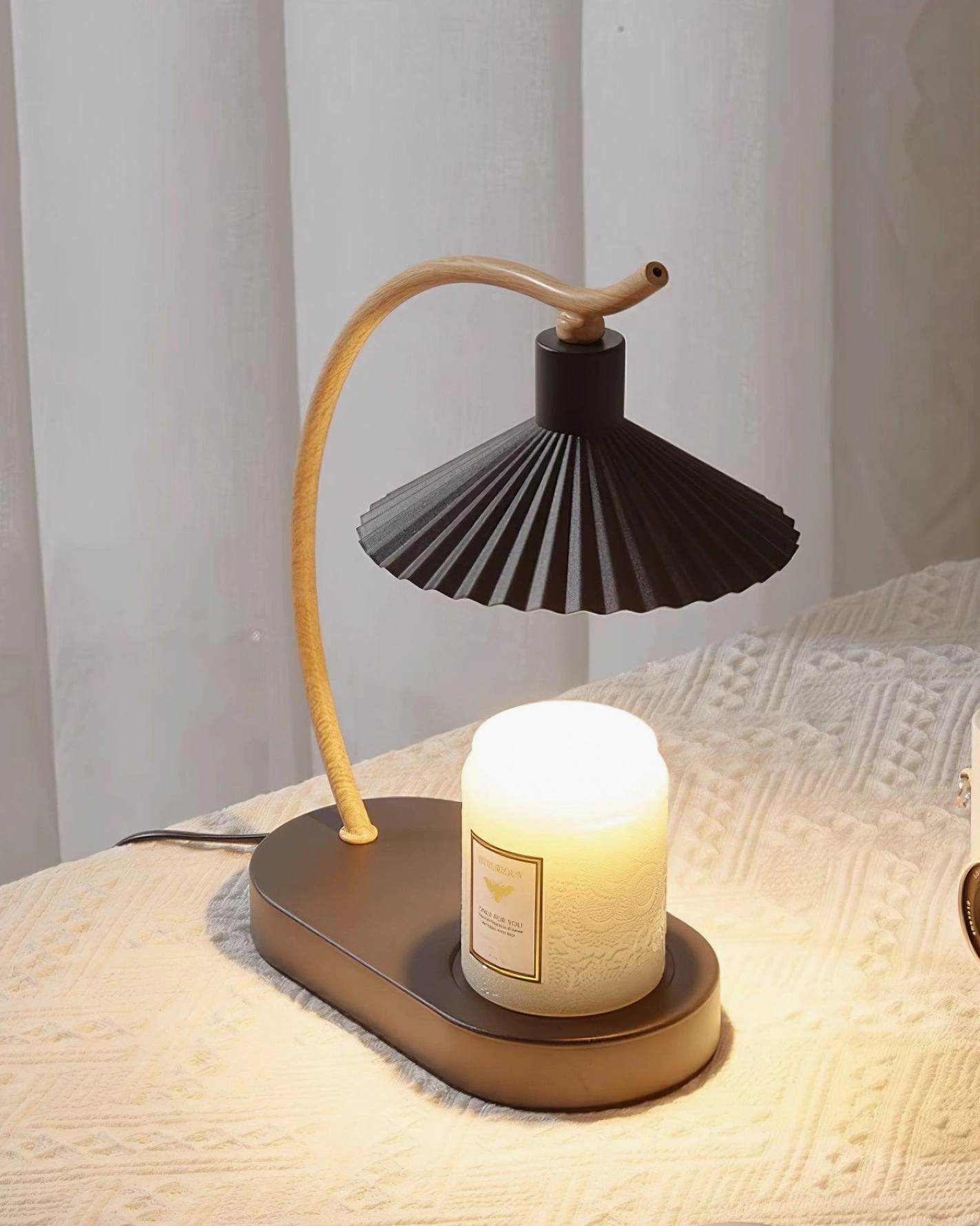 Nordic minimalist pleated table lamp black shade three-quarter angle view