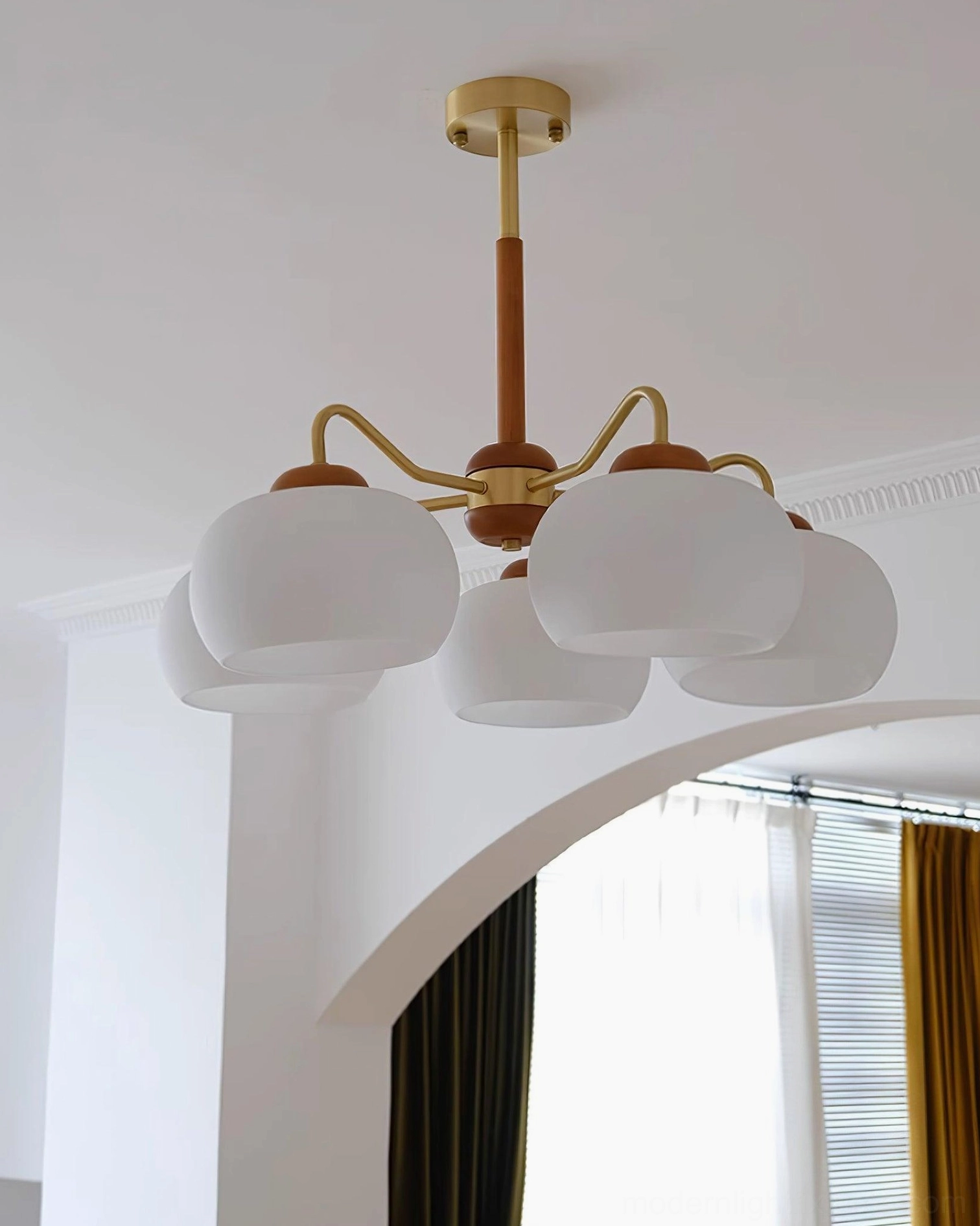 Nordic pendant light with frosted glass shades solid teak wood and polished brass accents