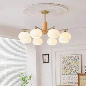 Nordic style multi-head pendant chandelier with brass wood frame glowing in minimalist living room