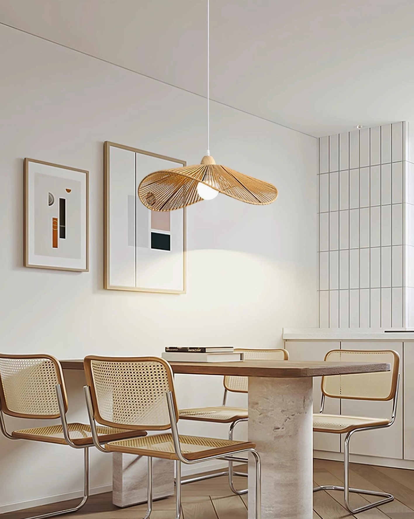 Rattan petal pendant lamp with light brown woven shade in open kitchen dining area
