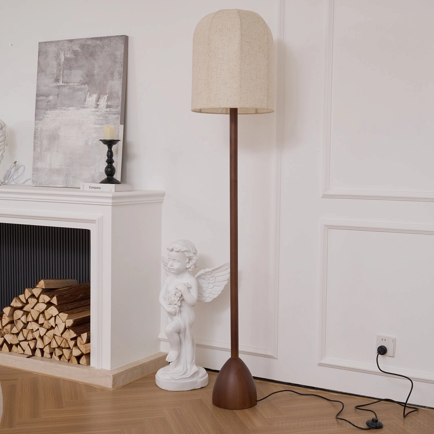 Nordic minimalist standing lamp in fireplace living room - elegant silhouette with stacked firewood decor