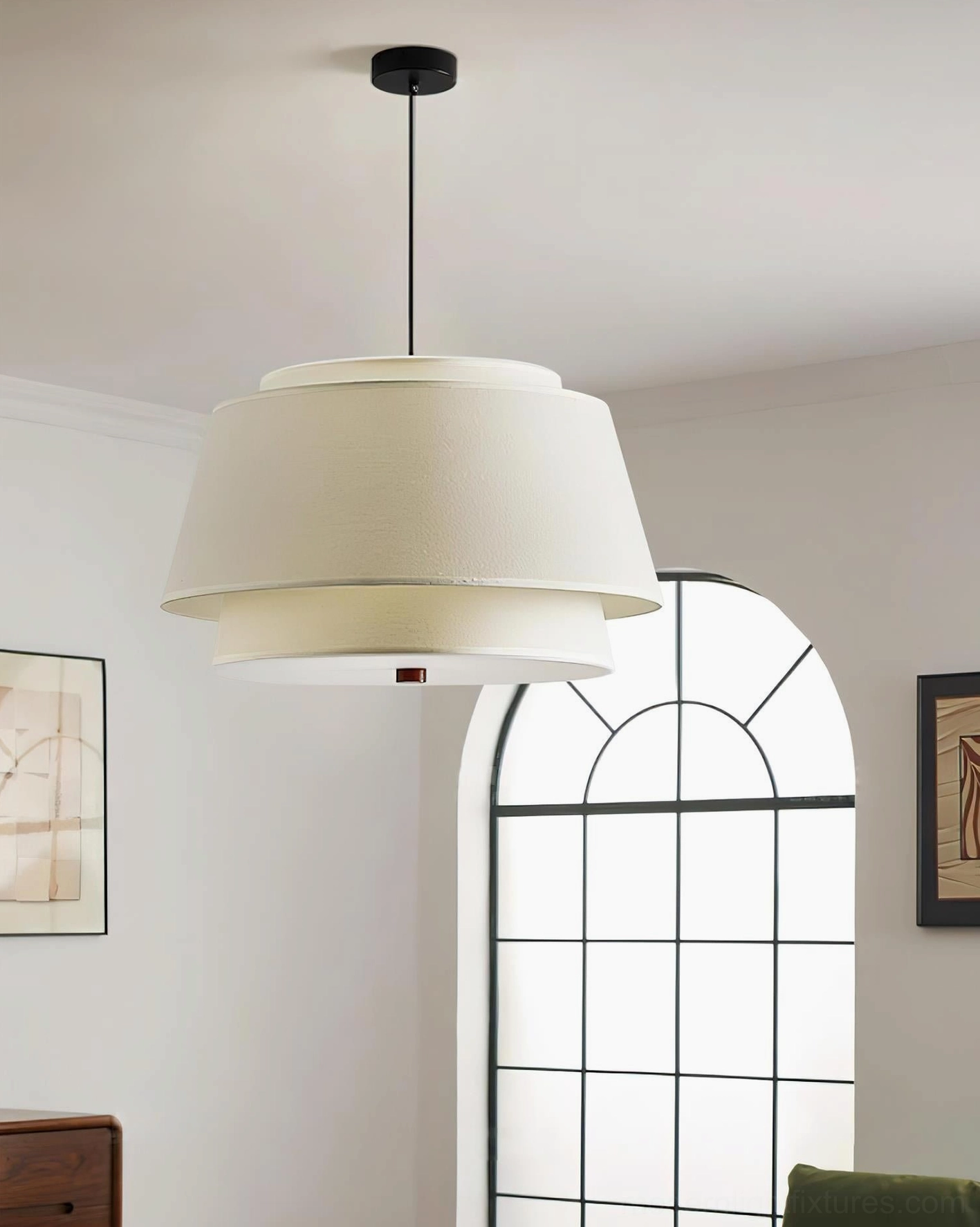 Nordic tiered pendant light installed in contemporary home office productivity lighting
