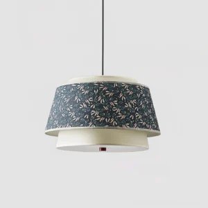 Nordic two-tier fabric pendant lamp overhead angle with botanical print shade against white background
