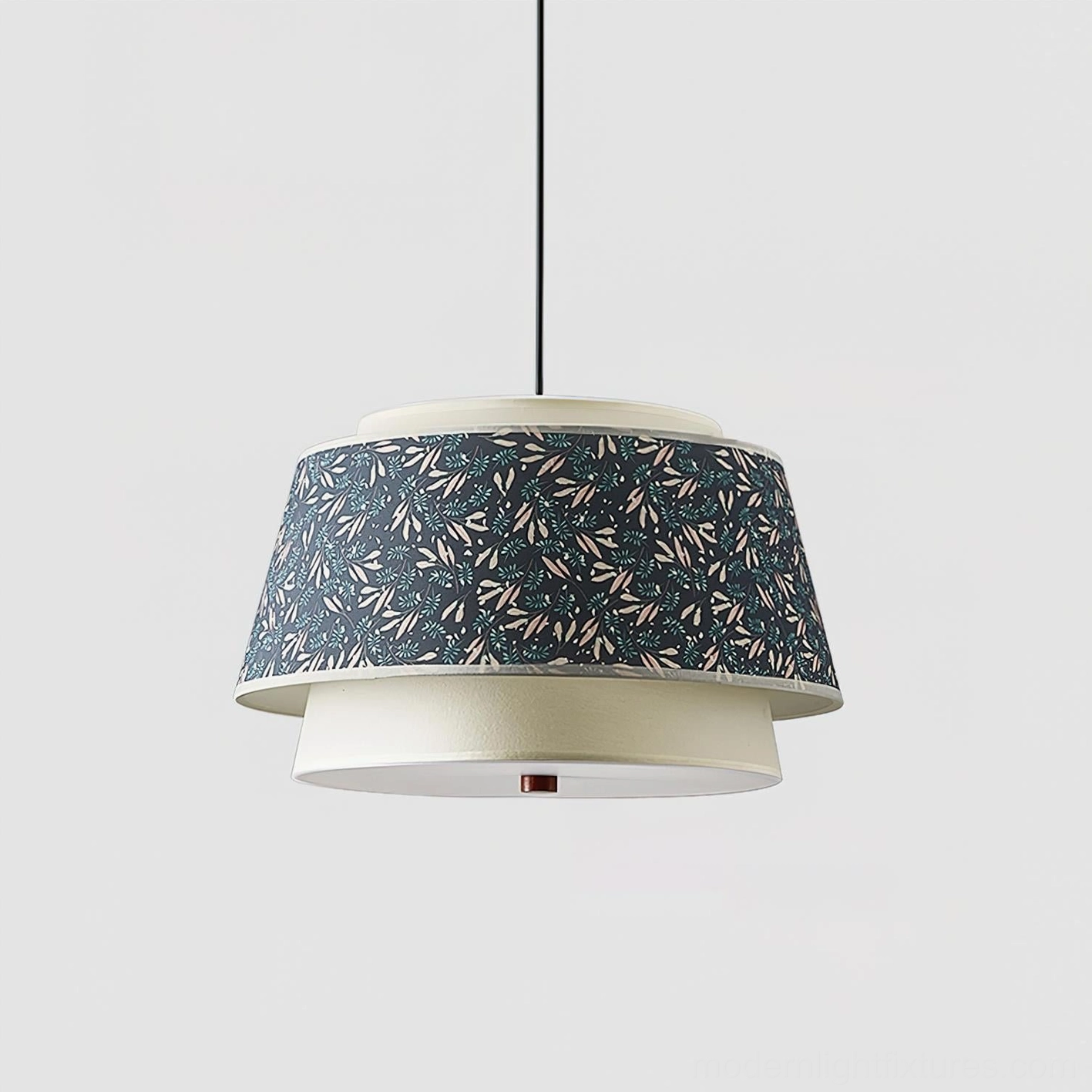 Nordic two-tier fabric pendant lamp overhead angle with botanical print shade against white background