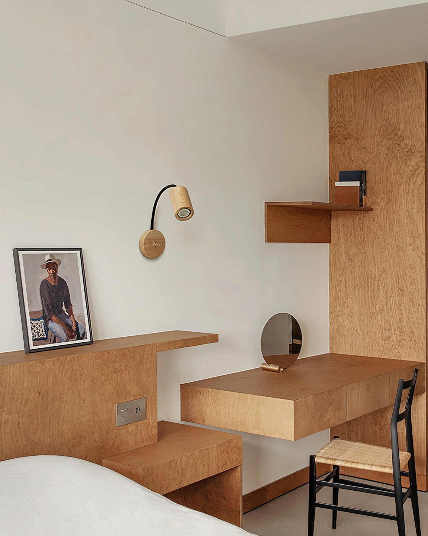 Nordic wall sconce mounted in minimalist bedroom with warm lighting, Scandinavian interior design