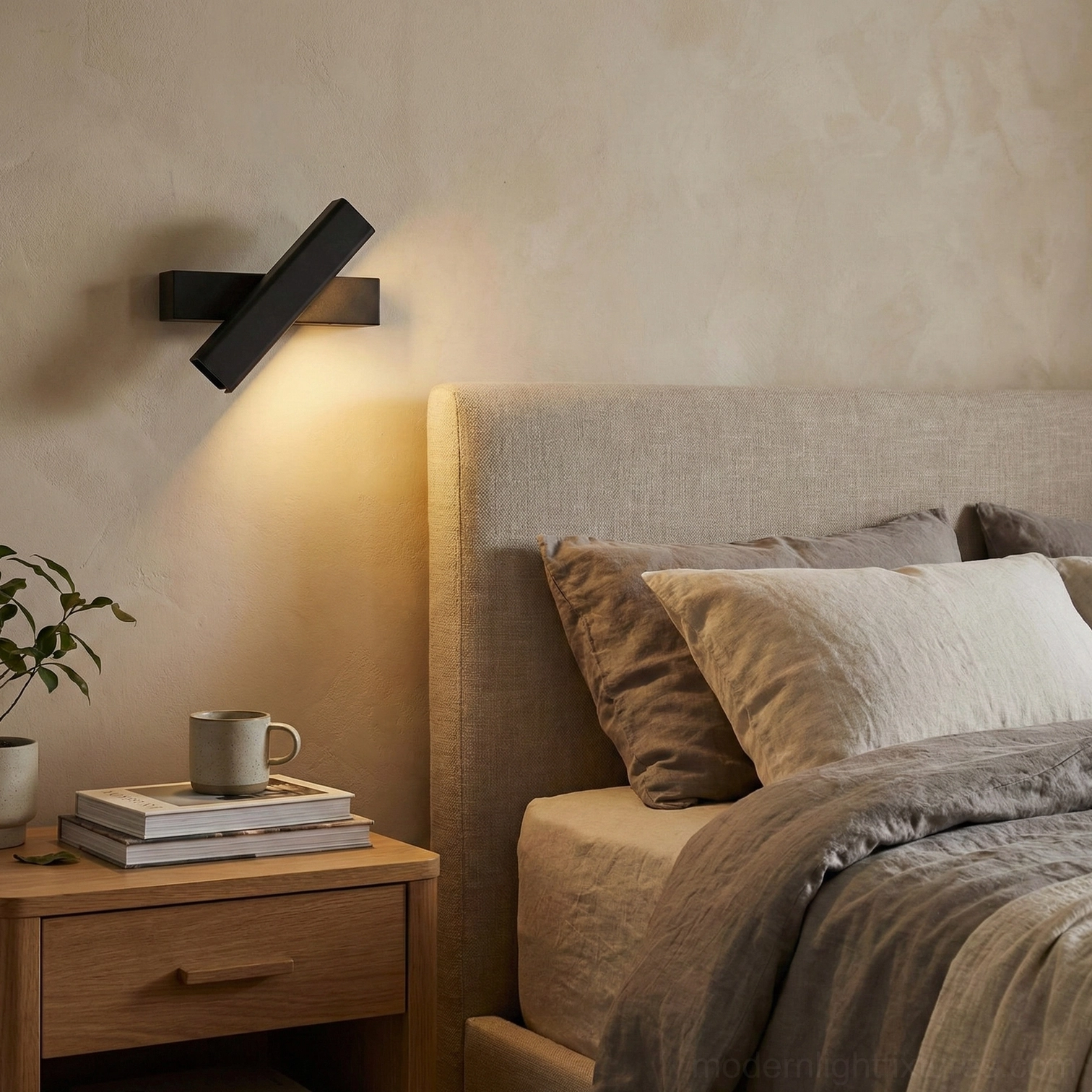 Matte black rotatable wall lamp installed on master bedroom bedside, creating warm ambient lighting next to bed