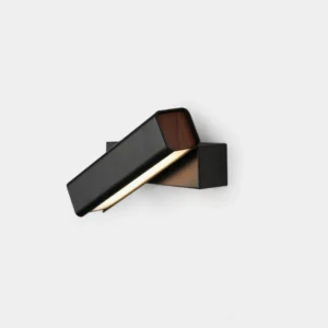 Nordic minimalist wall sconce with rotatable matte black aluminum head and wood accents, front view on white background