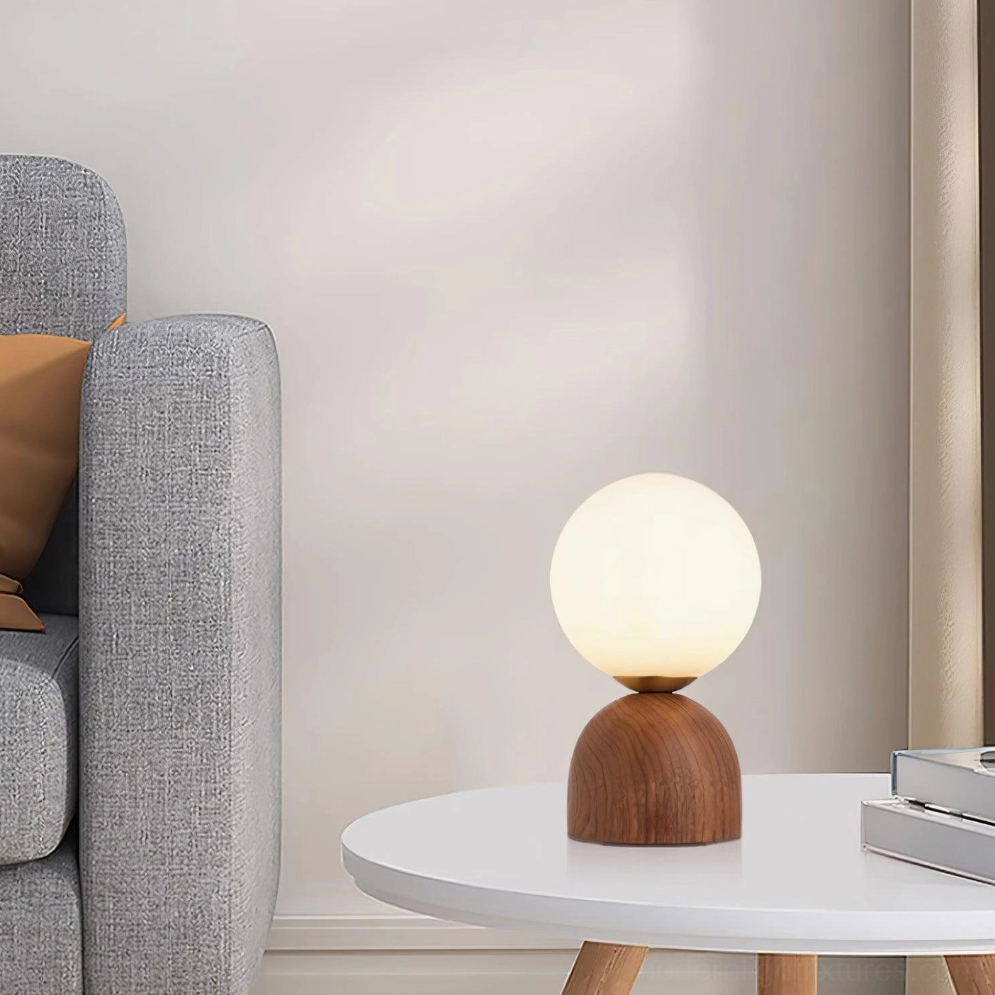 Nordic walnut wood table lamp with frosted glass sphere illumination design accent