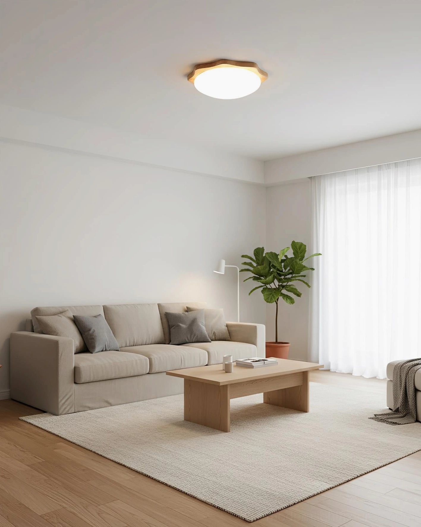 Modern Nordic maple wood flush mount ceiling light showing minimalist design and organic wavy frame silhouette