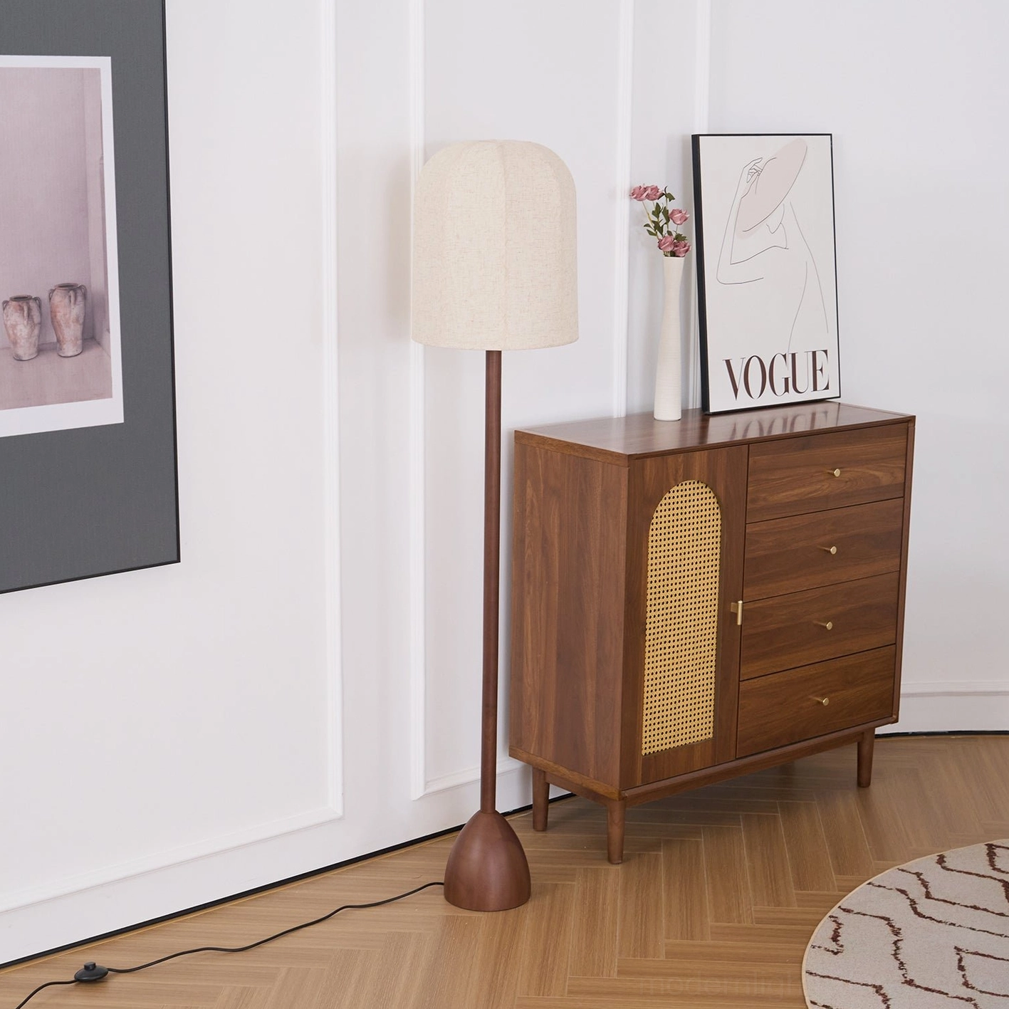Unlit Nordic modern floor lamp in neutral living room - dark wood pole with beige linen shade