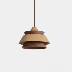 Nordic wood pendant light with tiered layered conical shade design, overhead studio view showcasing dual-tone wooden construction