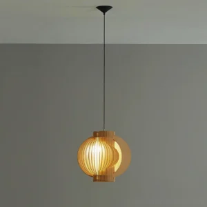 Nordic minimalist wooden pendant lamp with hollow crescent-spherical structure and slatted design against gray background
