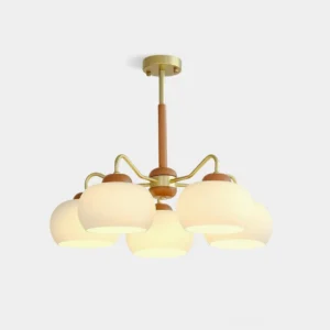 5-light Nordic wooden brass glass chandelier with frosted milk glass shades and teak wood frame on white background