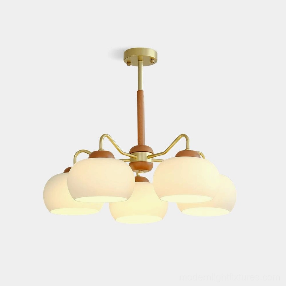5-light Nordic wooden brass glass chandelier with frosted milk glass shades and teak wood frame on white background