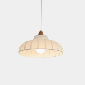 Norelle Japandi pendant light with ribbed fabric dome and wood cap - front studio view