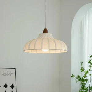 Japandi fabric pendant light in residential dining area - warm ambient illumination