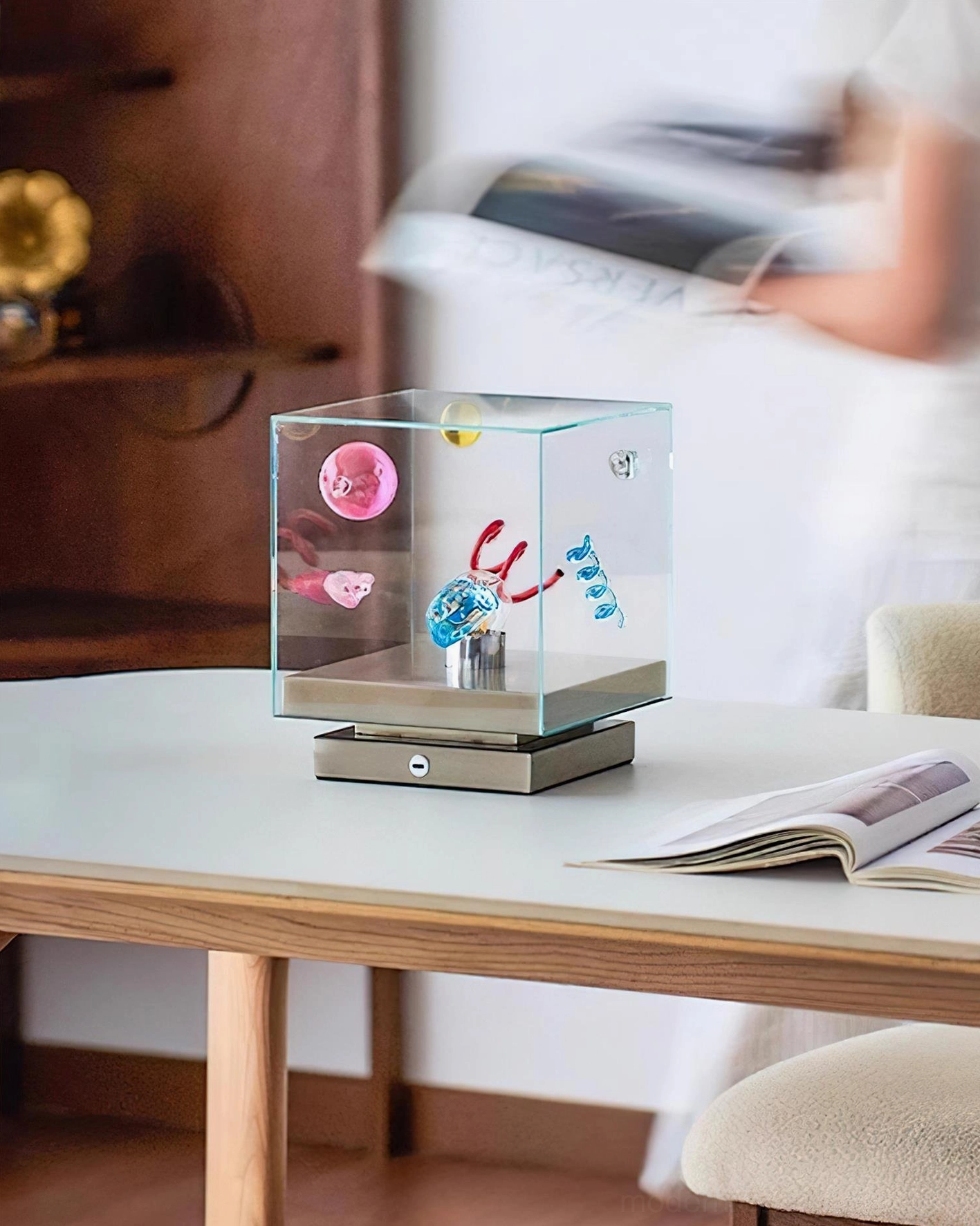 Nova Box Cube Table Lamp low angle view in cozy home ambient lighting environment