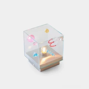 Nova Box Cube Table Lamp with colorful glass orbs and spirals in modern minimalist studio setting
