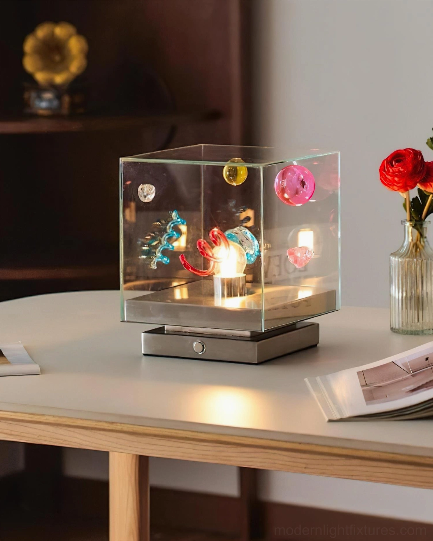 Nova Box Cube Table Lamp on wooden dining table with interior home decor background