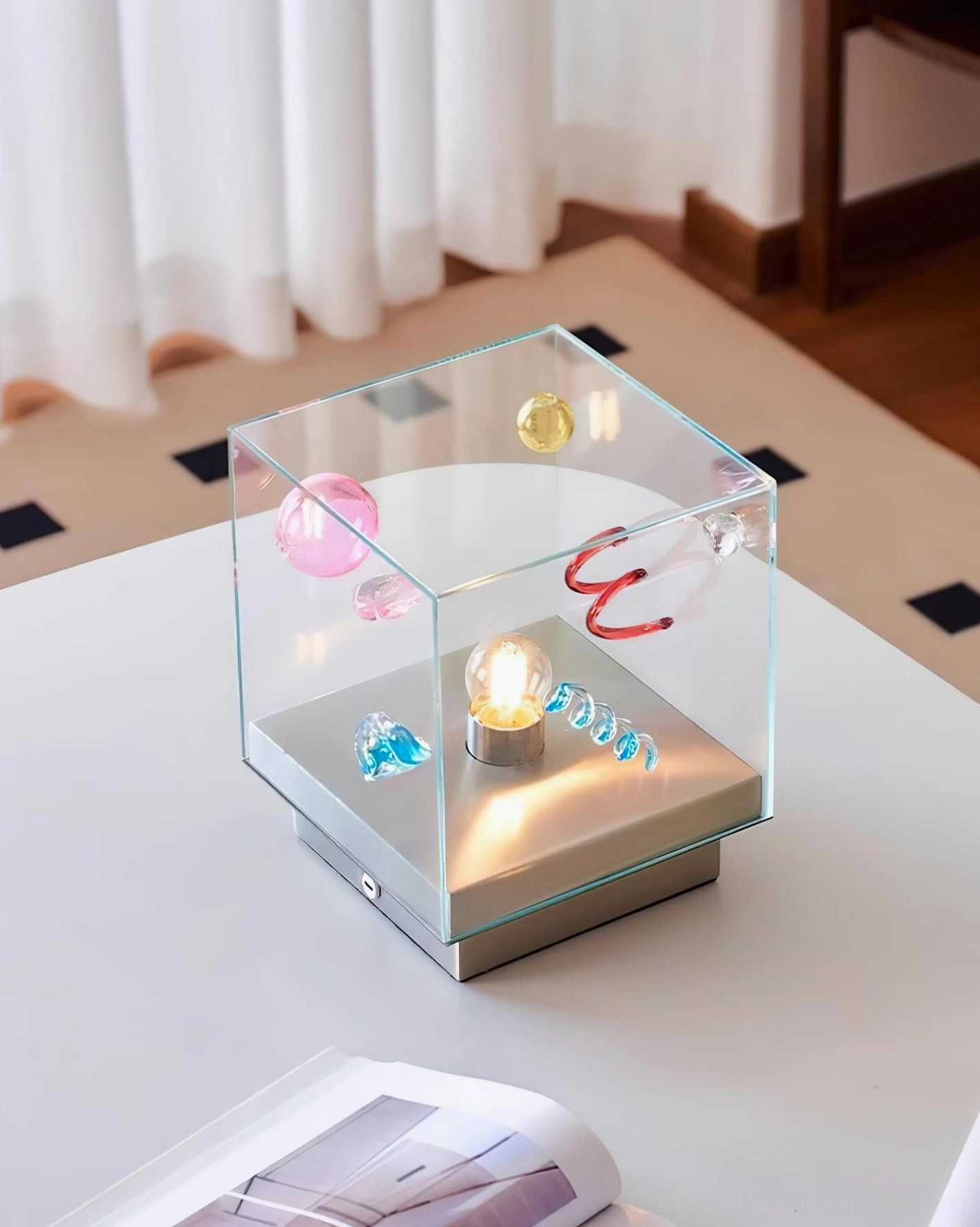 Nova Box Cube Table Lamp three-quarter view with metallic chrome base and multicolor glass decor