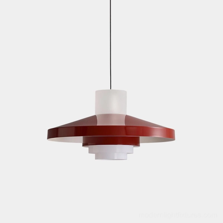 Nova Cap geometric pendant light with wine red and off-white tiered aluminum shade on plain white background