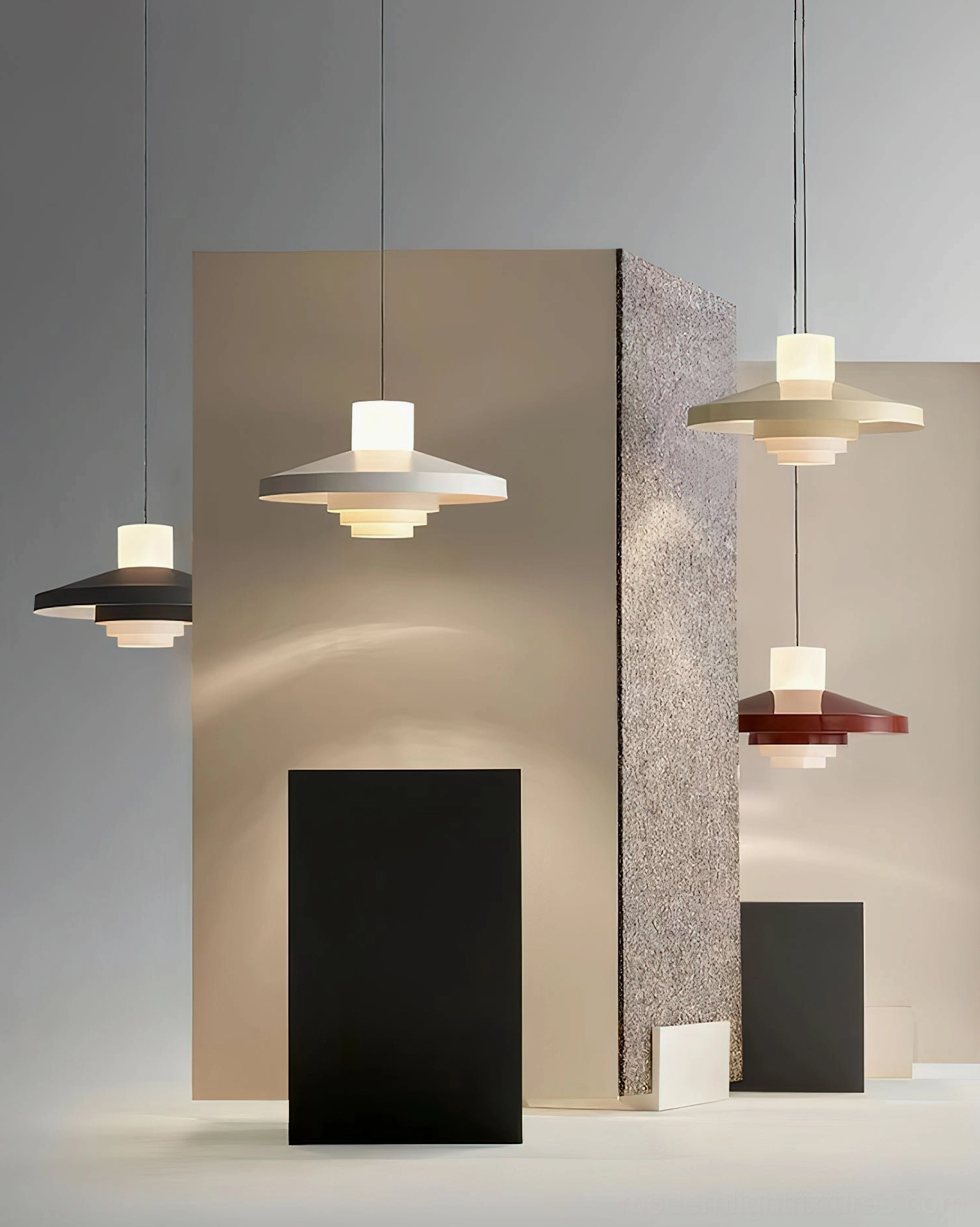 Nova Cap pendant lamp color variants collection showing black white beige and wine red tiered shades in showroom