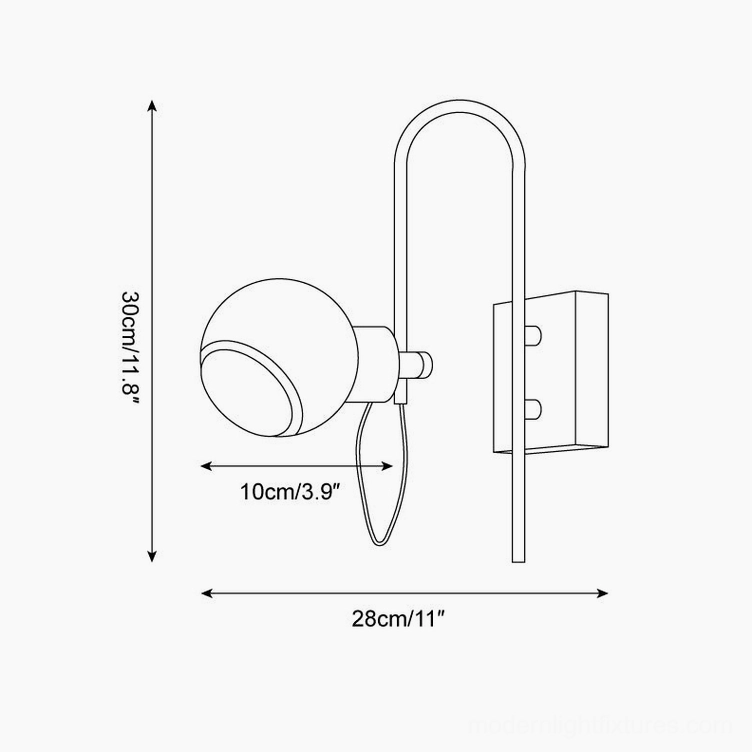 Nova Dot wall sconce technical drawing showing dimensions 30cm height by 28cm width with standard lamp structure