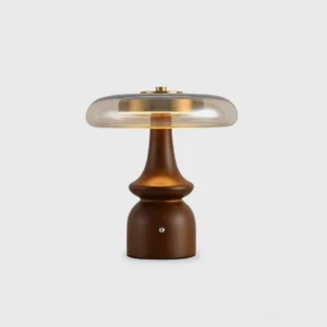 Nova mid-century modern table lamp front view with solid walnut wood pedestal base and translucent amber glass dome