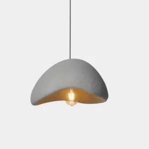 Nula wabi-sabi moon pendant light front view with matte gray finish and gold inner cavity against white background