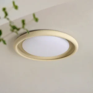 Beige flush-mount ceiling light fixture unlit, low-angle overhead view with green plant decor in home interior