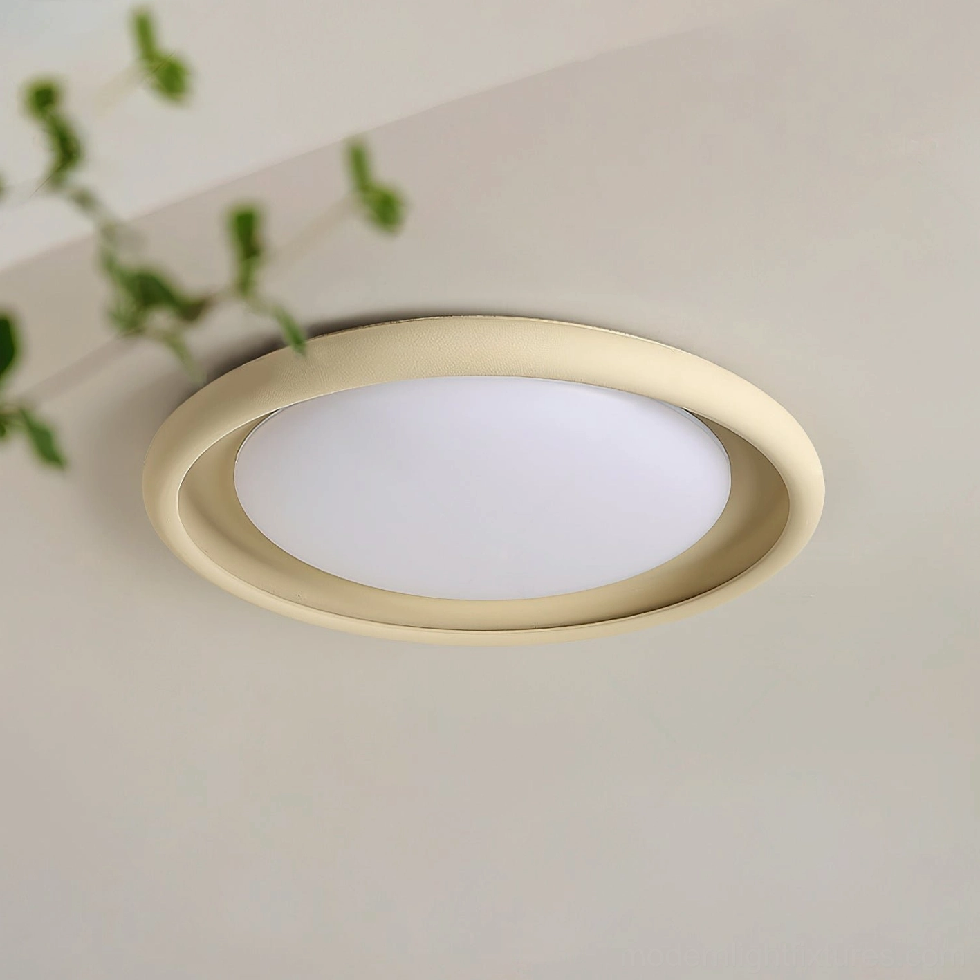 Beige flush-mount ceiling light fixture unlit, low-angle overhead view with green plant decor in home interior