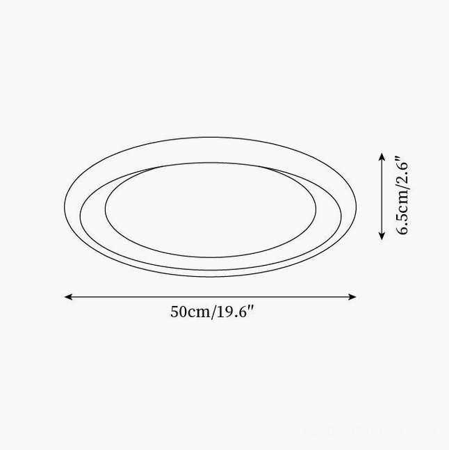 Nuria ceiling light technical dimensions drawing, 50cm diameter by 6.5cm height specification
