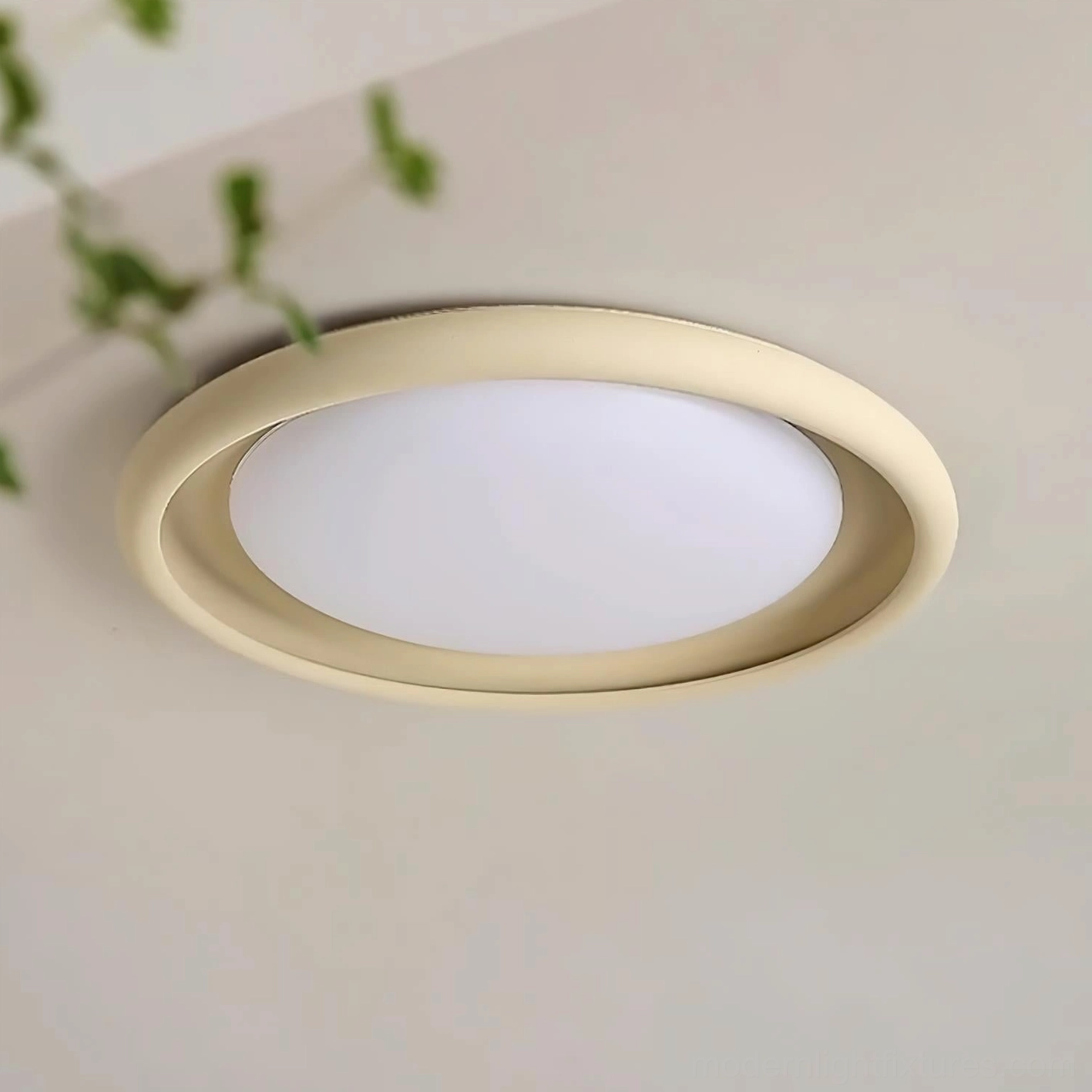 Minimalist ceiling light fixture concrete body with acrylic diffuser, overhead view showing light distribution